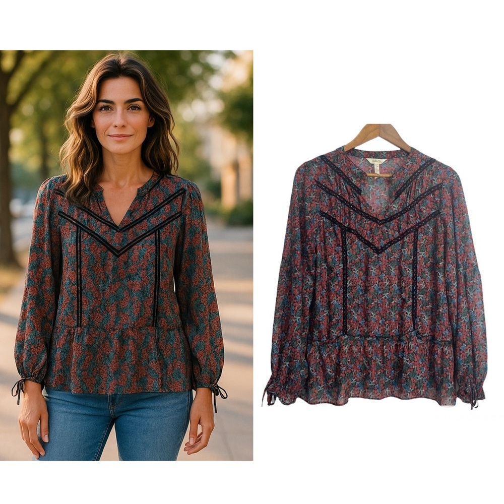 Matilda Jane Carol Floral Blouse Balloon Sleeves Crochet Accents